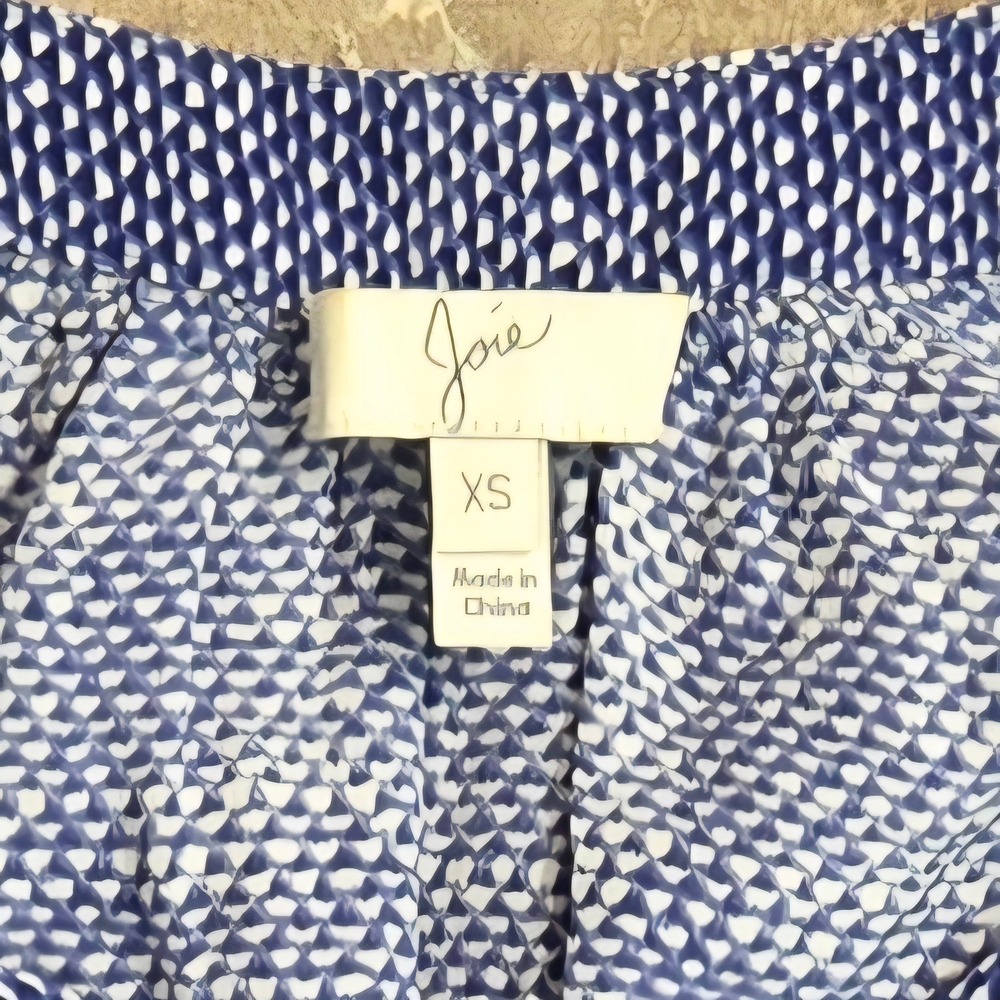 Joie Silk Blouse Blue White Geometric Print Split Neck 3/4 Sleeve T56-22097B XS - Picture 2 of 6